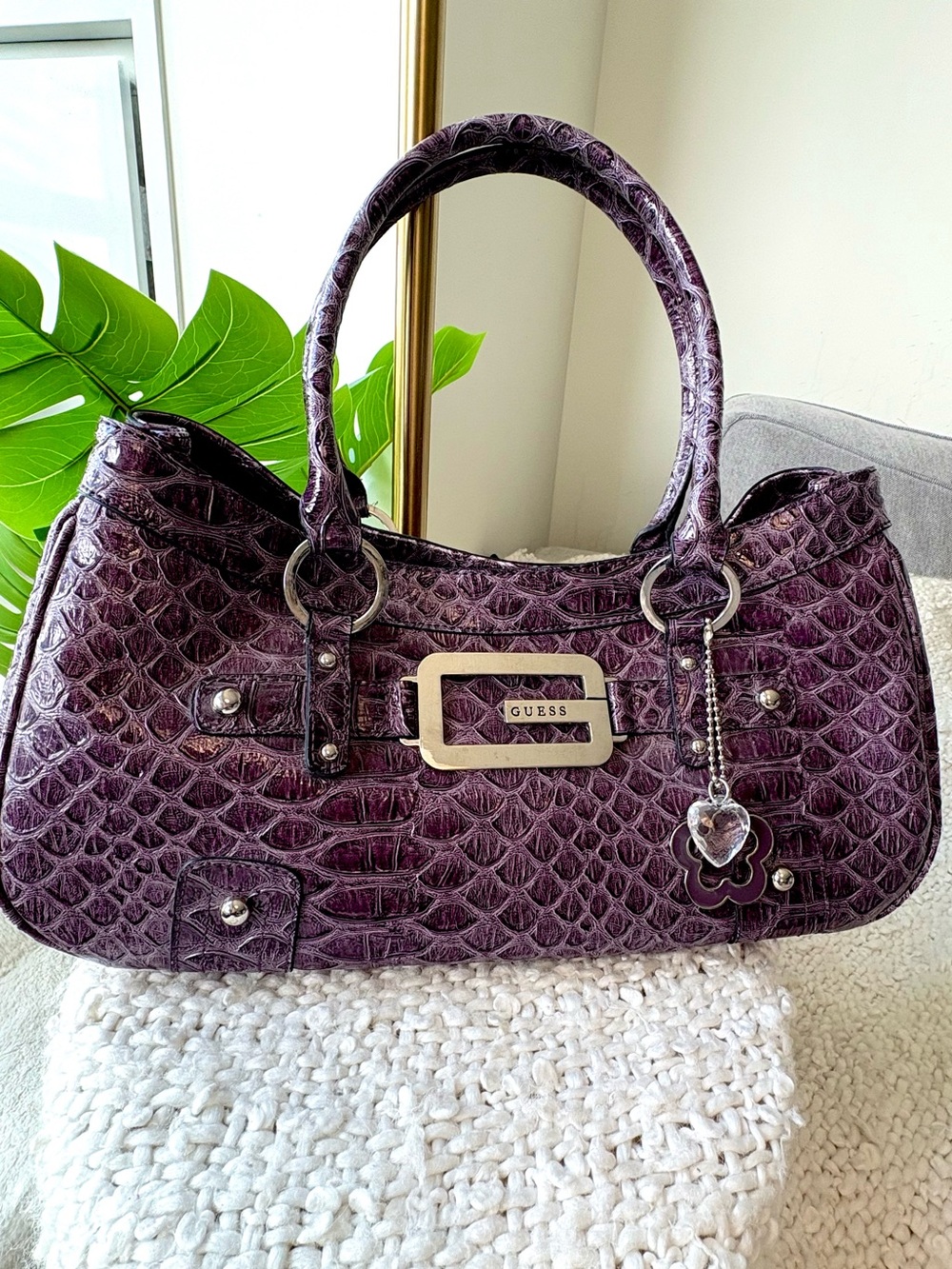 Vintage Y2K GUESS Purple Plum Croc Satchel Shoulder Bag Large G Charm Rare 2000s